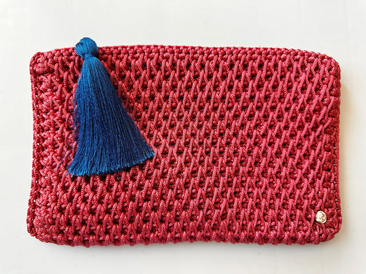 Dusty Rose Color Hand-Crocheted Luxury Clutch Bag with Blue Tassel Detail