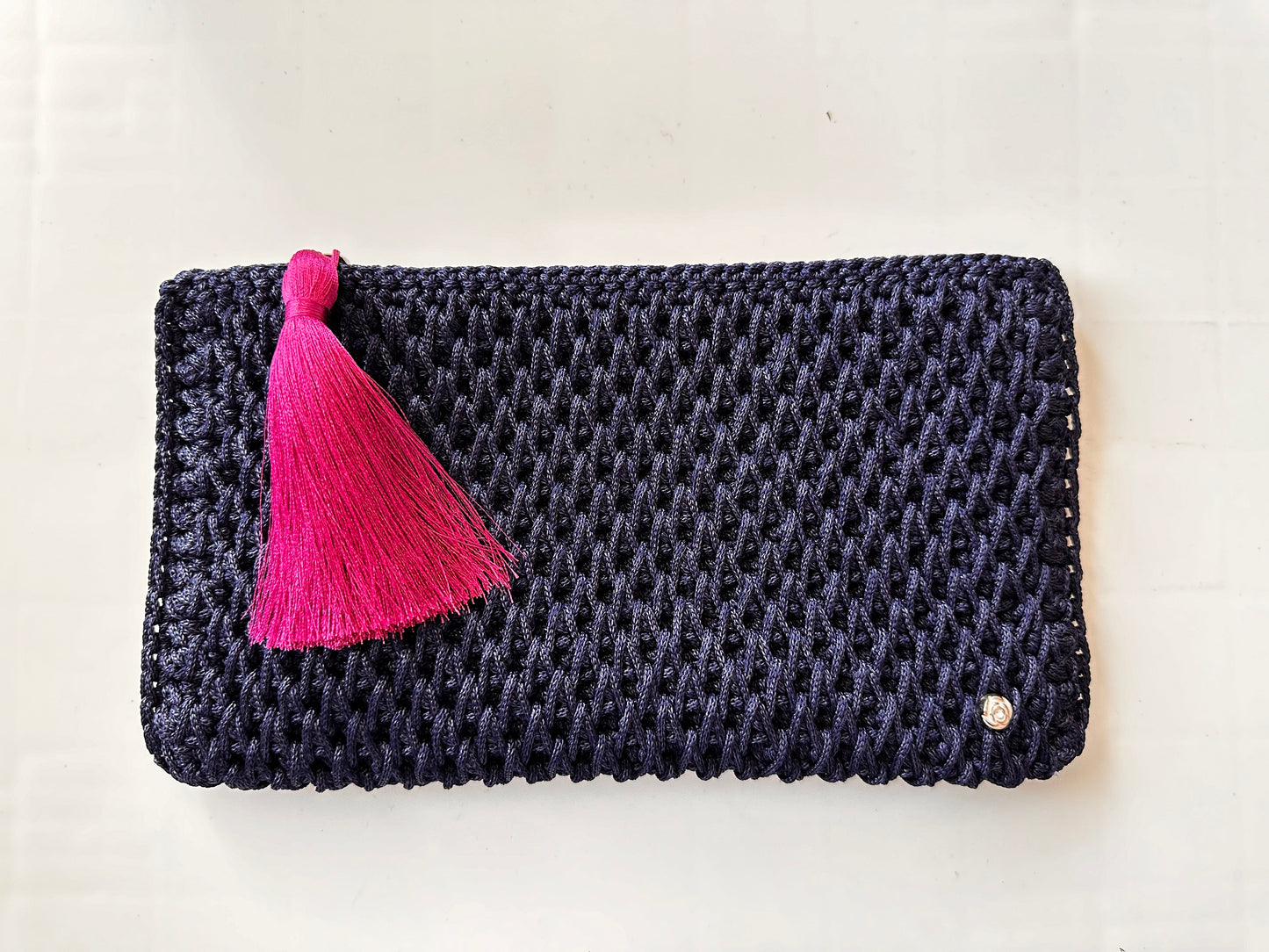 Navy Hand-Crocheted Luxury Clutch Bag with Pink Tassel Detail