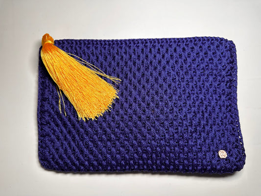 Blue Hand-Crocheted Luxury Clutch Bag with Yellow Tassel Detail