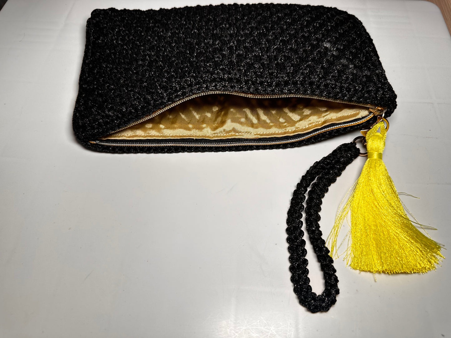 Black Hand Crocheted Luxury Clutch Bag with Yellow Tassel Detail