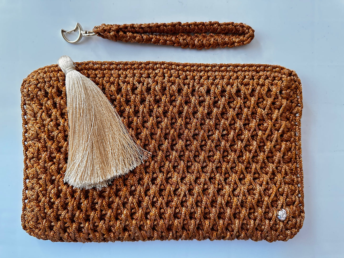 Glittered Detailed Mustard  Hand-Crocheted Luxury Clutch Bag