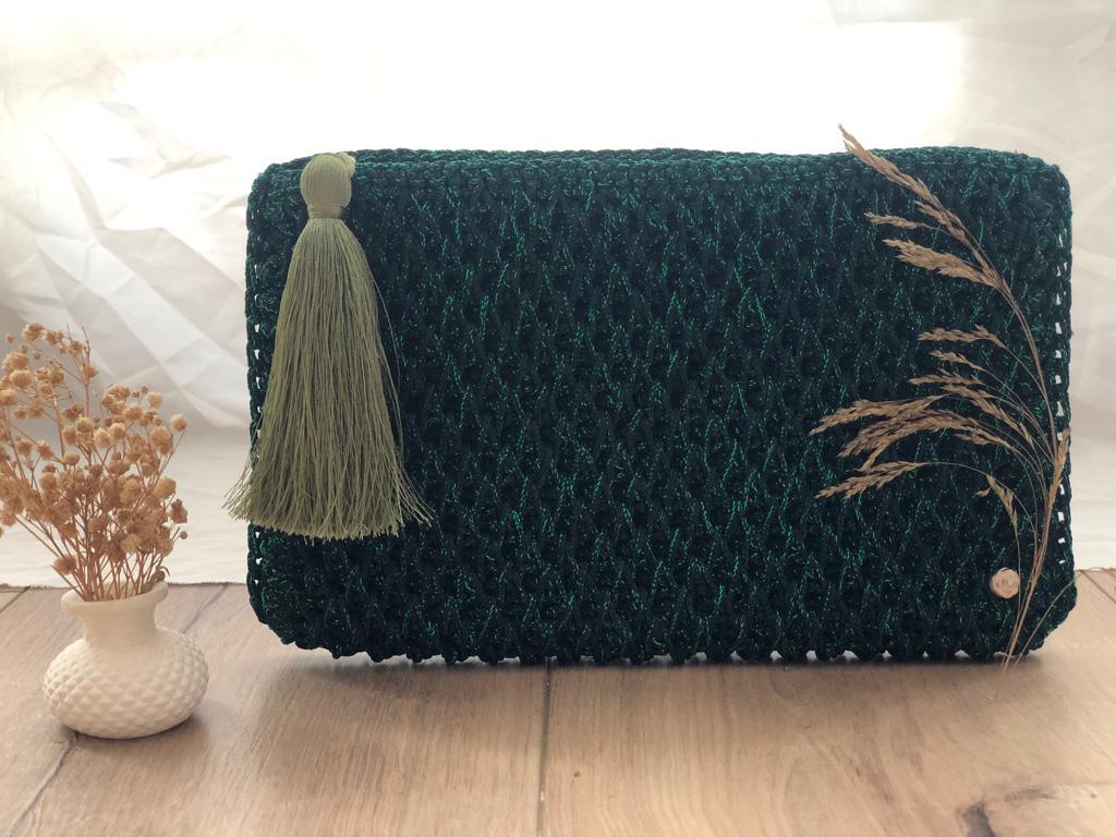 Green Hand-Crocheted Luxury Clutch Bag with Glitter Detail